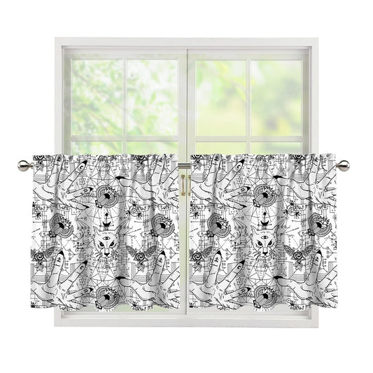 White And Black Wicca Magical Print Tier Curtains