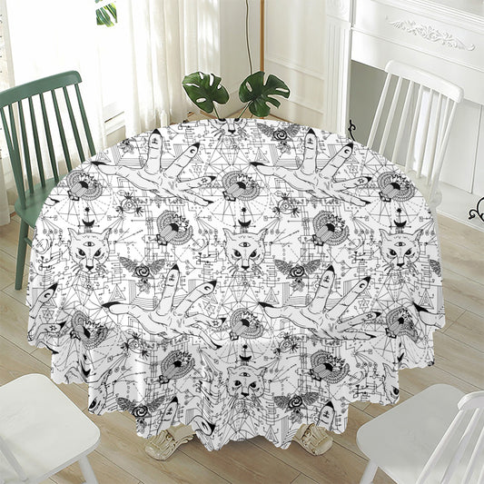 White And Black Wicca Magical Print Waterproof Round Tablecloth