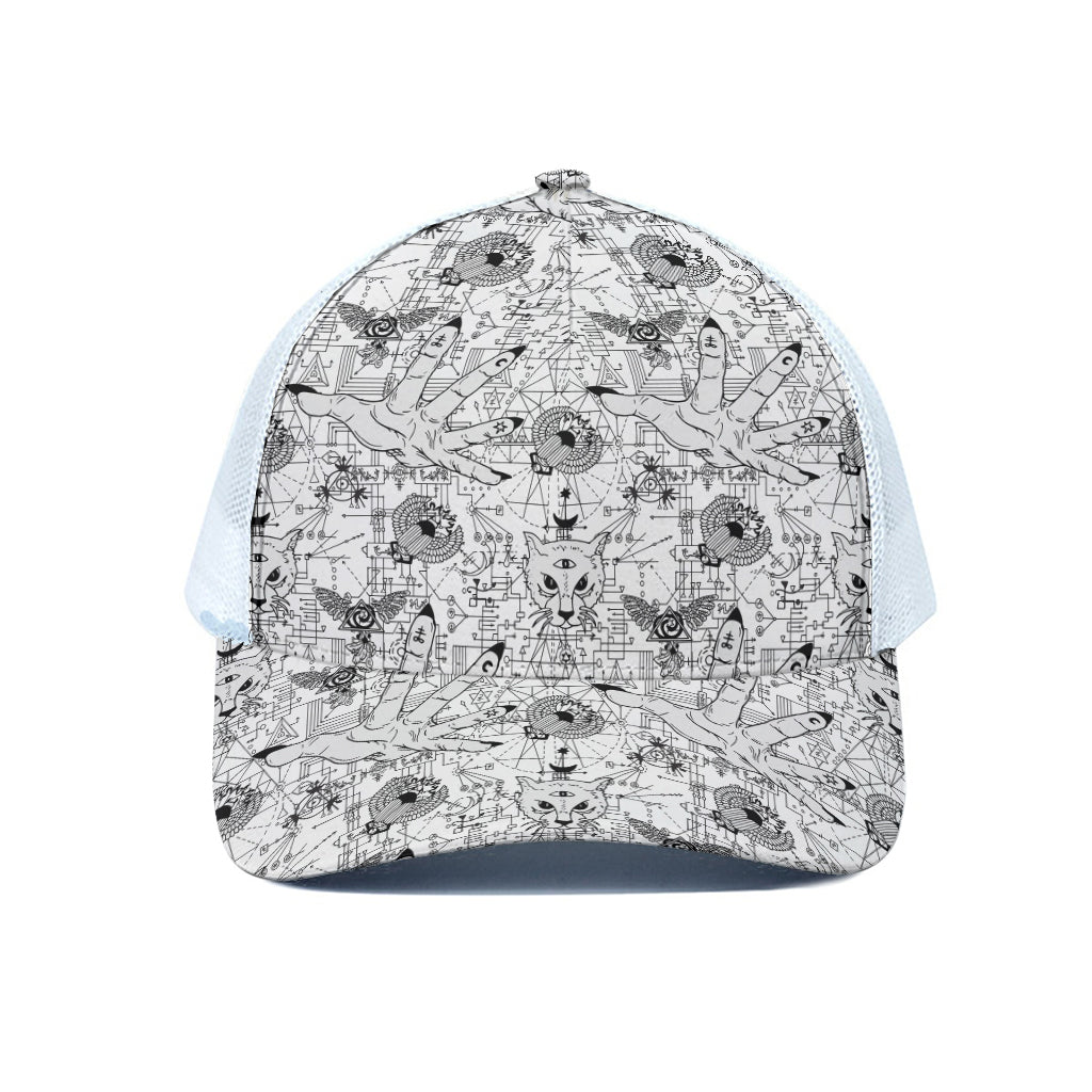 White And Black Wicca Magical Print White Mesh Trucker Cap