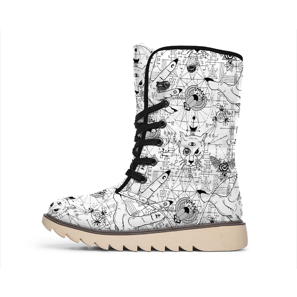 White And Black Wicca Magical Print Winter Boots