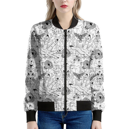 White And Black Wicca Magical Print Women's Bomber Jacket