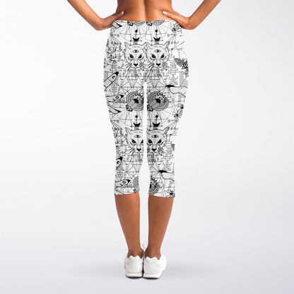 White And Black Wicca Magical Print Women's Capri Leggings