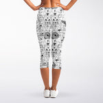 White And Black Wicca Magical Print Women's Capri Leggings