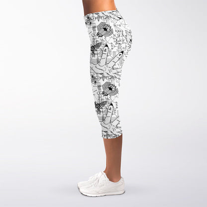 White And Black Wicca Magical Print Women's Capri Leggings
