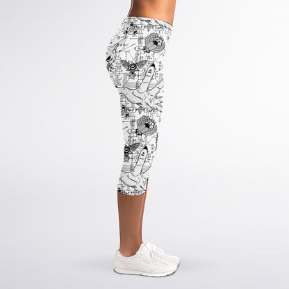 White And Black Wicca Magical Print Women's Capri Leggings
