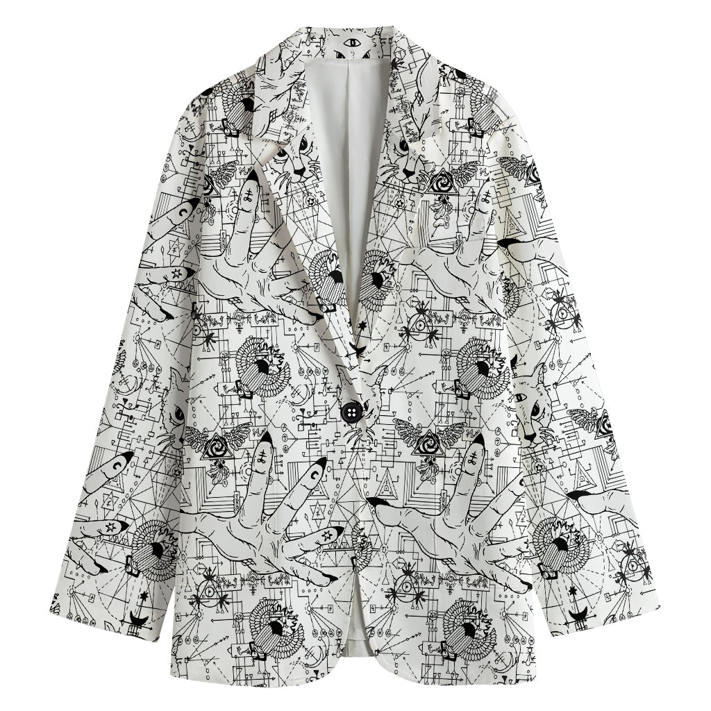 White And Black Wicca Magical Print Women's Cotton Blazer