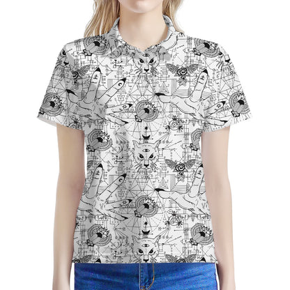 White And Black Wicca Magical Print Women's Polo Shirt