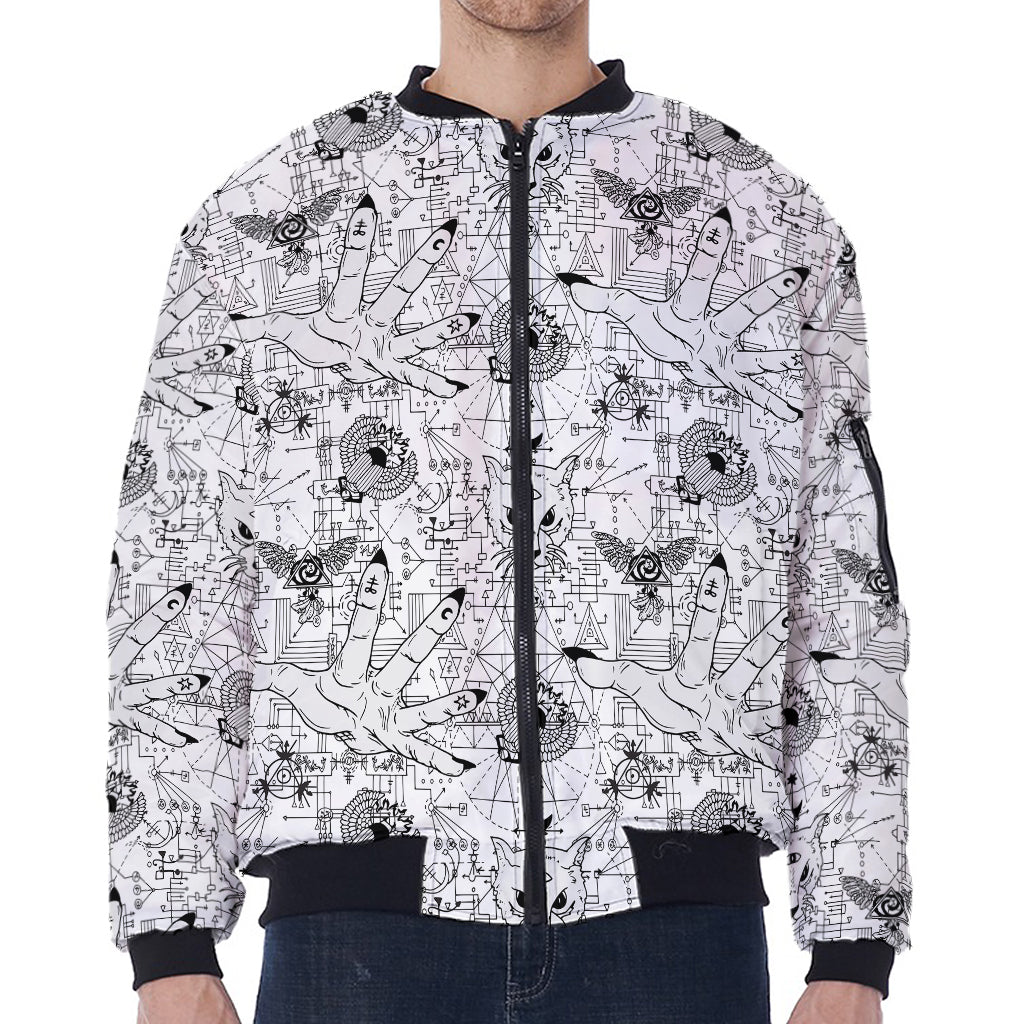 White And Black Wicca Magical Print Zip Sleeve Bomber Jacket
