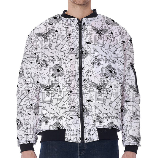 White And Black Wicca Magical Print Zip Sleeve Bomber Jacket