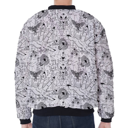 White And Black Wicca Magical Print Zip Sleeve Bomber Jacket