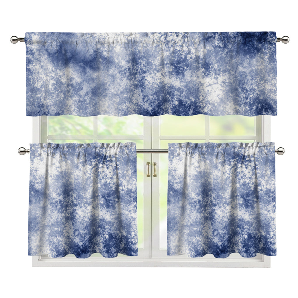 White And Blue Acid Wash Tie Dye Print 3 Piece Kitchen Curtains