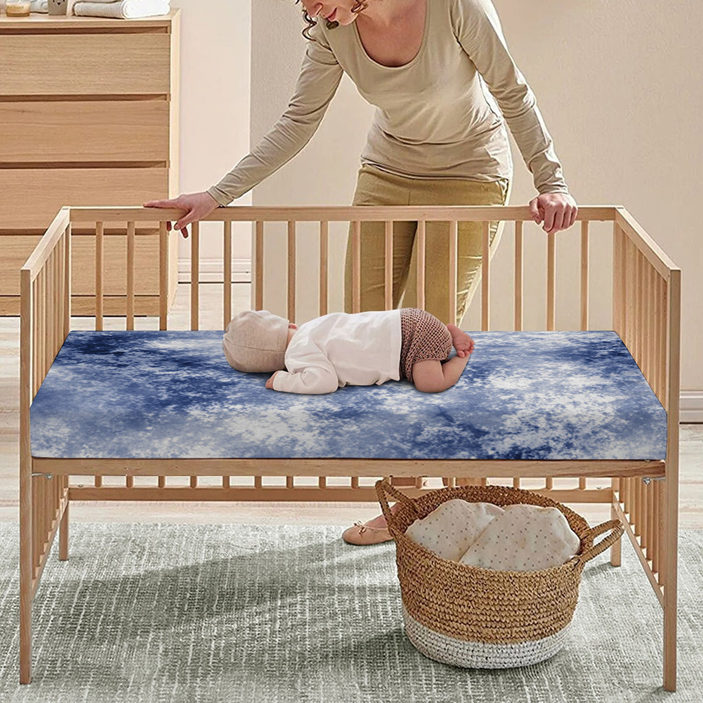 White And Blue Acid Wash Tie Dye Print Baby Crib Sheet