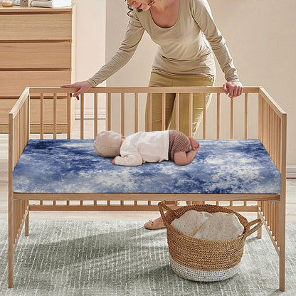 White And Blue Acid Wash Tie Dye Print Baby Crib Sheet