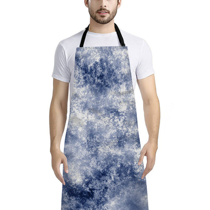 White And Blue Acid Wash Tie Dye Print Bib Apron With Pocket