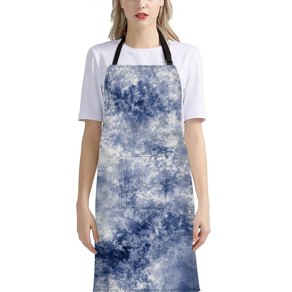 White And Blue Acid Wash Tie Dye Print Bib Apron With Pocket