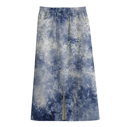 White And Blue Acid Wash Tie Dye Print Cotton Front Slit Maxi Skirt