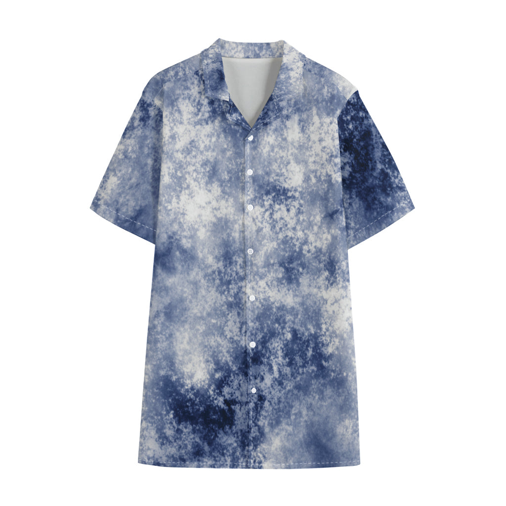 White And Blue Acid Wash Tie Dye Print Cotton Hawaiian Shirt