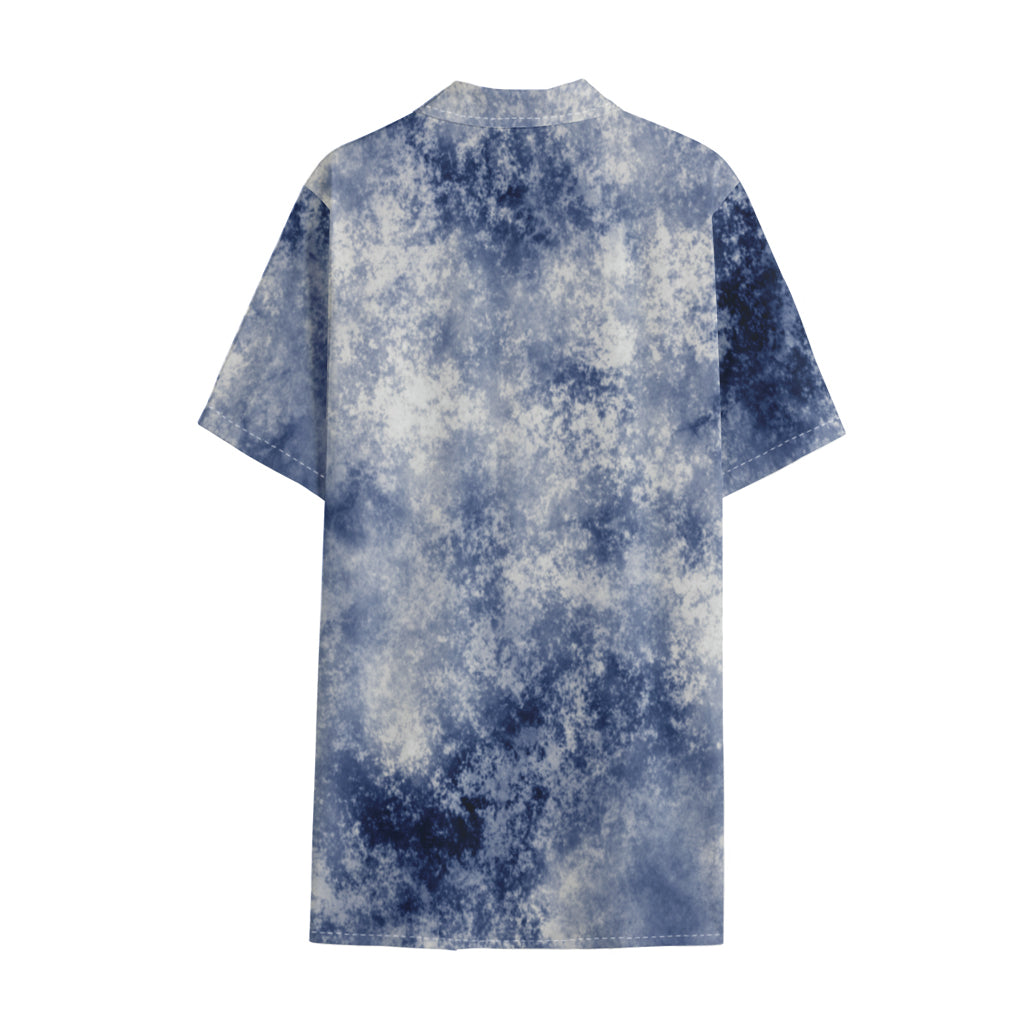 White And Blue Acid Wash Tie Dye Print Cotton Hawaiian Shirt