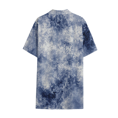 White And Blue Acid Wash Tie Dye Print Cotton Hawaiian Shirt
