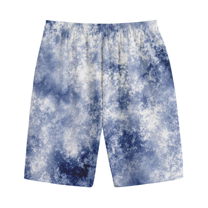 White And Blue Acid Wash Tie Dye Print Cotton Shorts