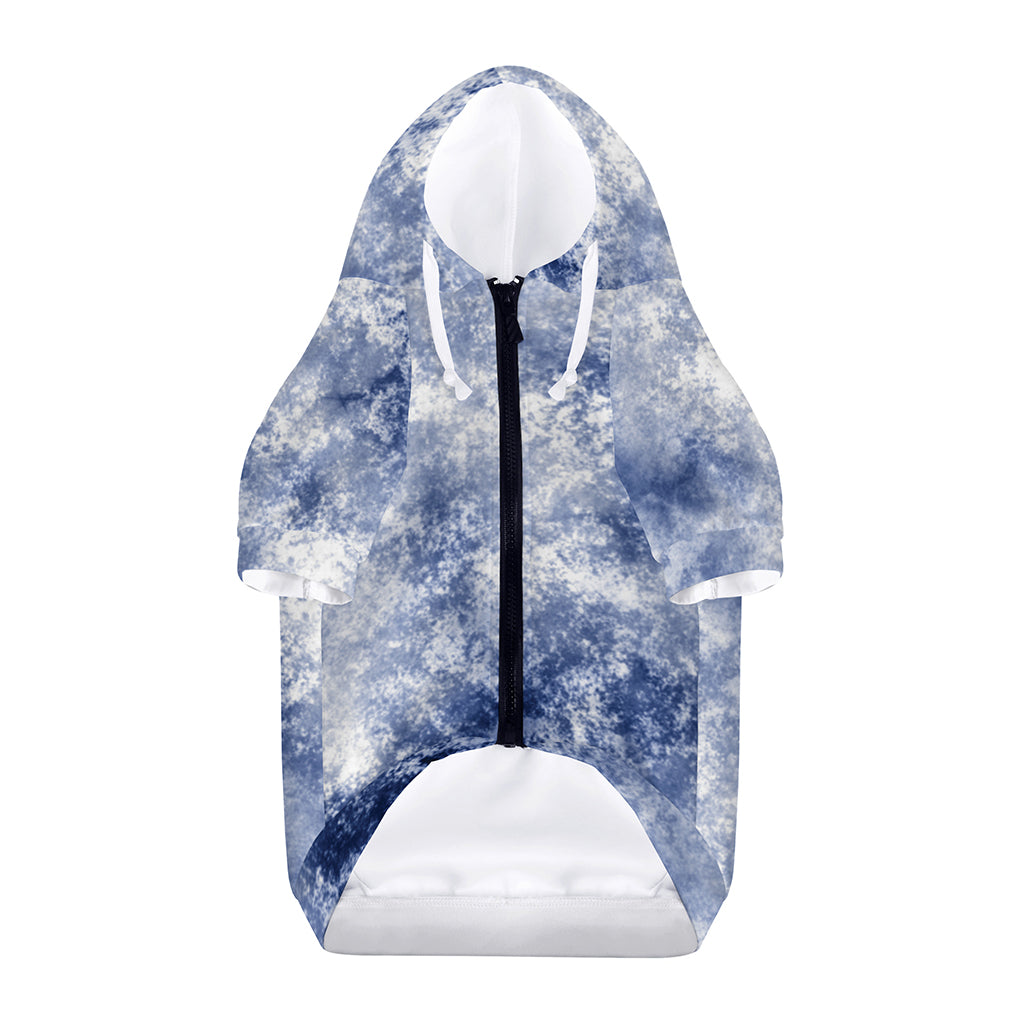 White And Blue Acid Wash Tie Dye Print Dog Zip Up Hoodie
