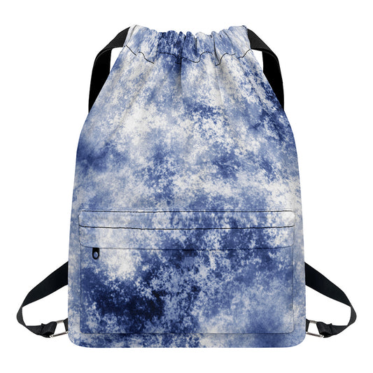 White And Blue Acid Wash Tie Dye Print Drawstring Backpack