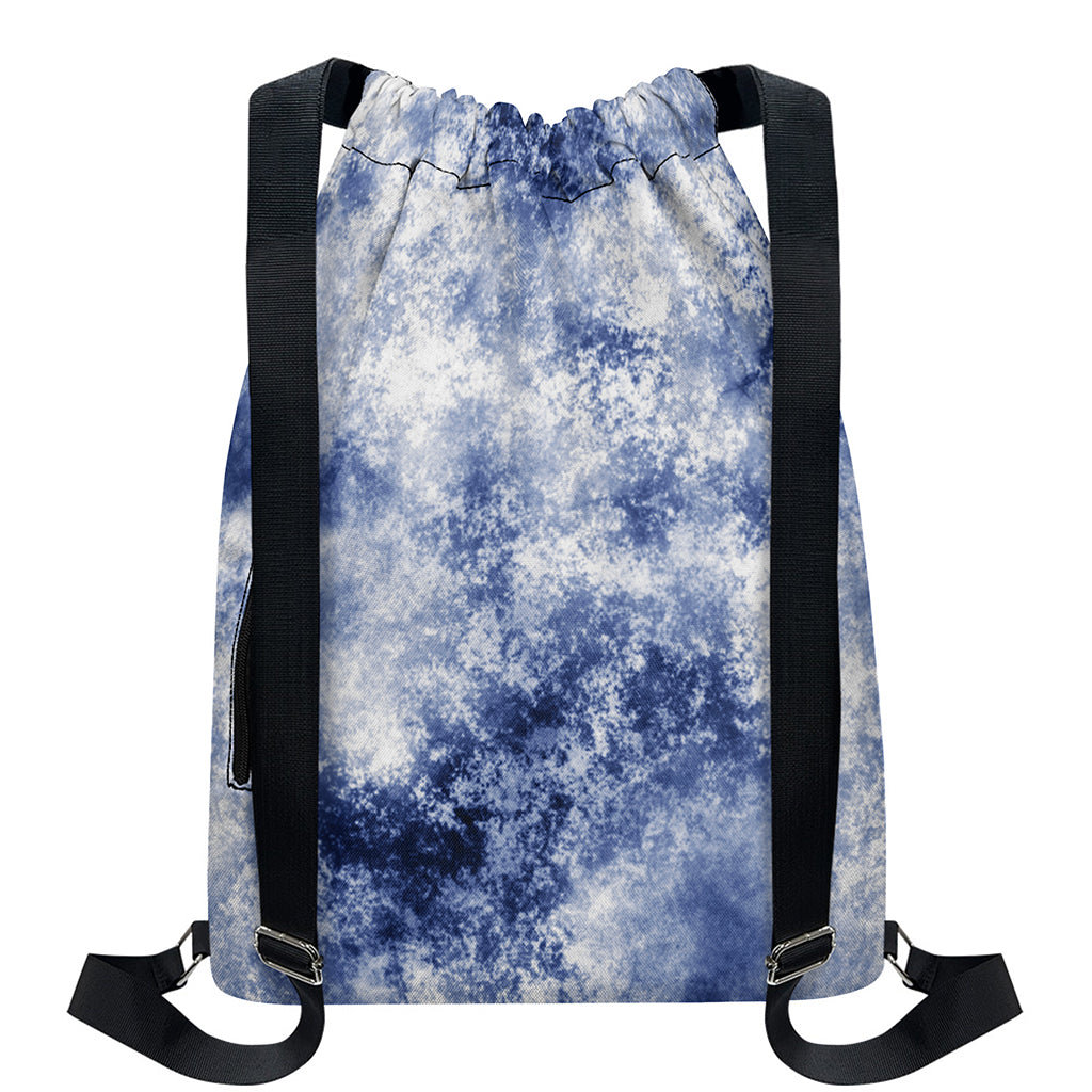 White And Blue Acid Wash Tie Dye Print Drawstring Backpack