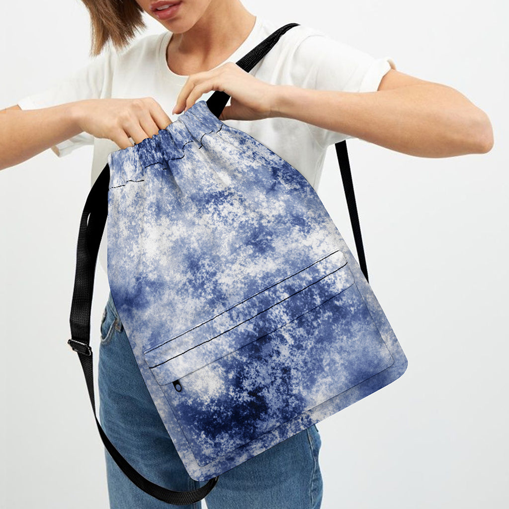 White And Blue Acid Wash Tie Dye Print Drawstring Backpack