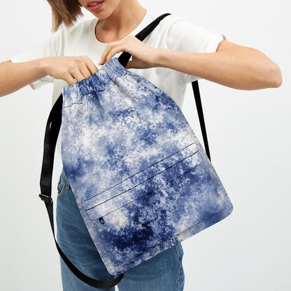 White And Blue Acid Wash Tie Dye Print Drawstring Backpack