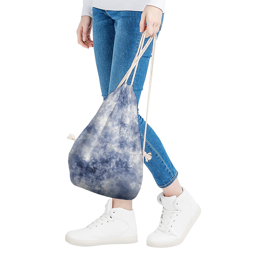 White And Blue Acid Wash Tie Dye Print Drawstring Bag
