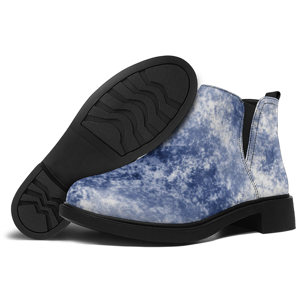 White And Blue Acid Wash Tie Dye Print Flat Ankle Boots