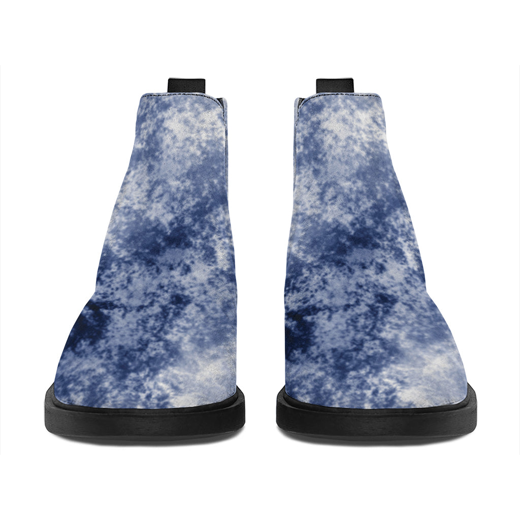 White And Blue Acid Wash Tie Dye Print Flat Ankle Boots