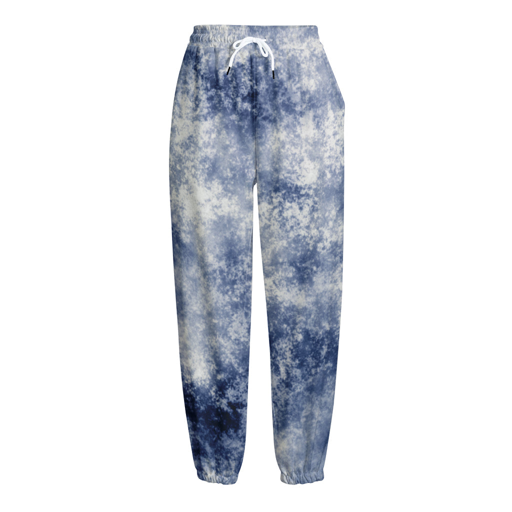 White And Blue Acid Wash Tie Dye Print Fleece Lined Knit Pants