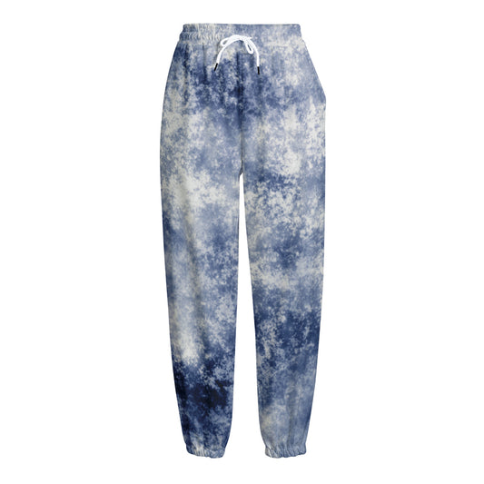 White And Blue Acid Wash Tie Dye Print Fleece Lined Knit Pants