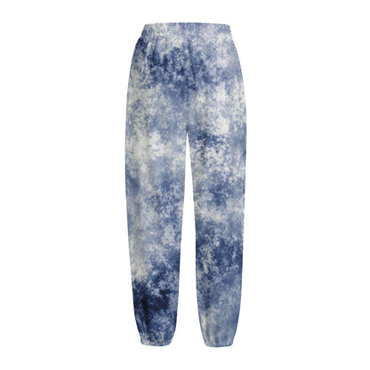 White And Blue Acid Wash Tie Dye Print Fleece Lined Knit Pants