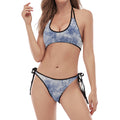 White And Blue Acid Wash Tie Dye Print Halter Scoop Tie Side Bikini