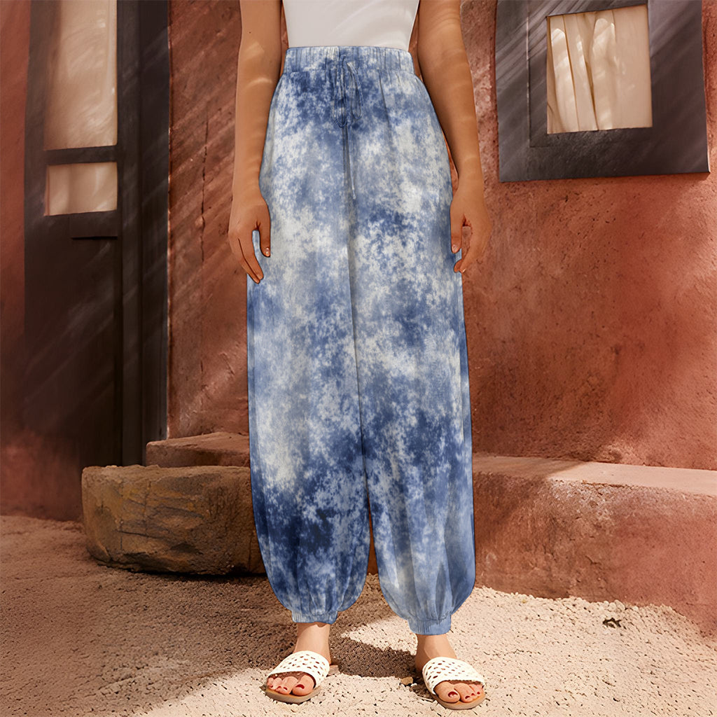 White And Blue Acid Wash Tie Dye Print Harem Pants