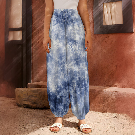White And Blue Acid Wash Tie Dye Print Harem Pants
