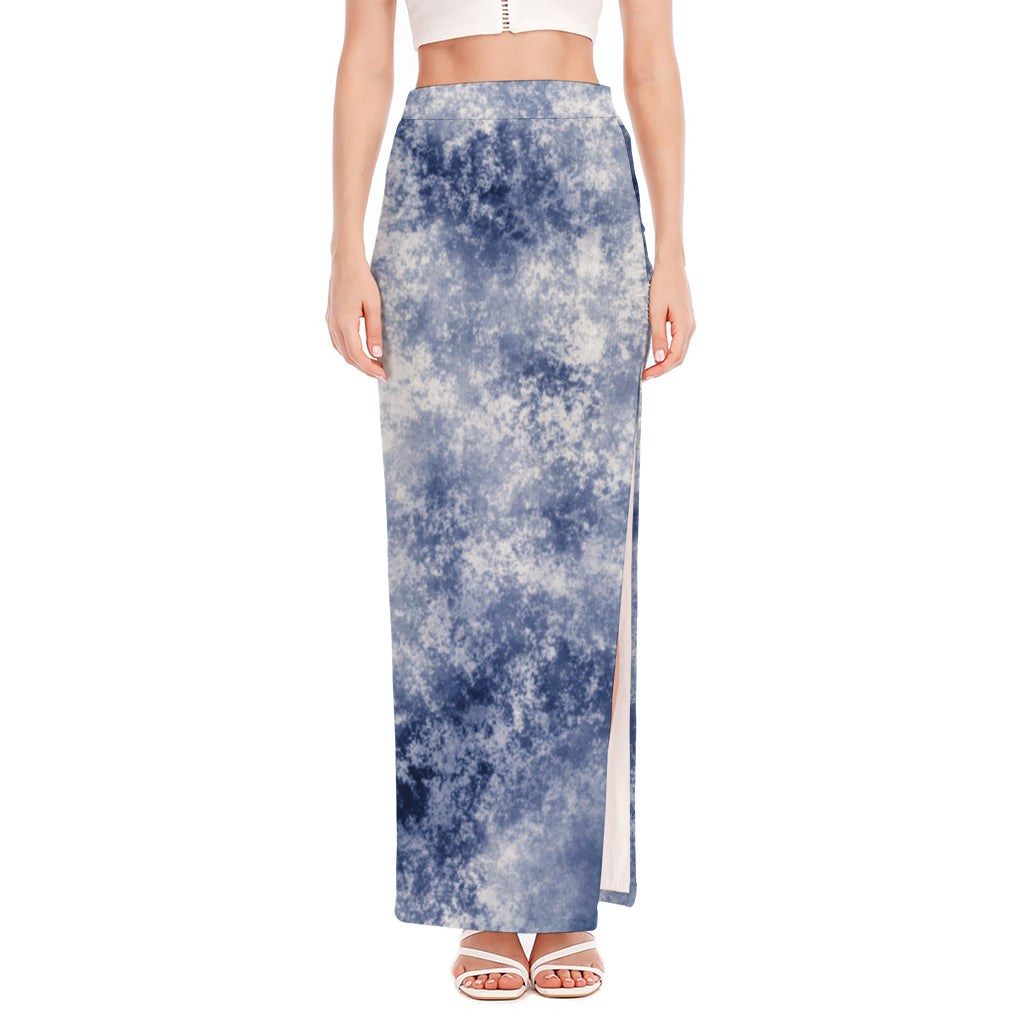 White And Blue Acid Wash Tie Dye Print High Slit Maxi Skirt