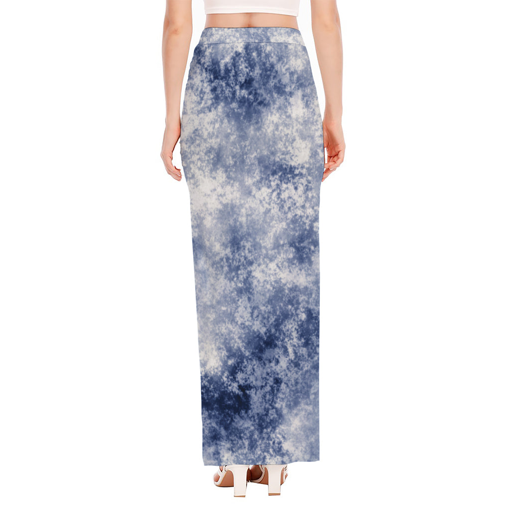 White And Blue Acid Wash Tie Dye Print High Slit Maxi Skirt