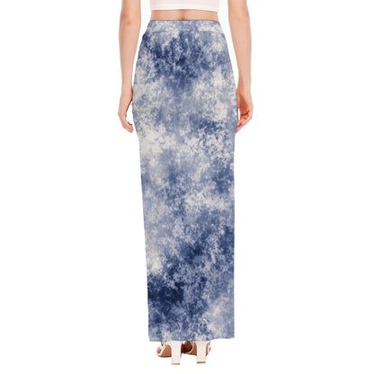 White And Blue Acid Wash Tie Dye Print High Slit Maxi Skirt
