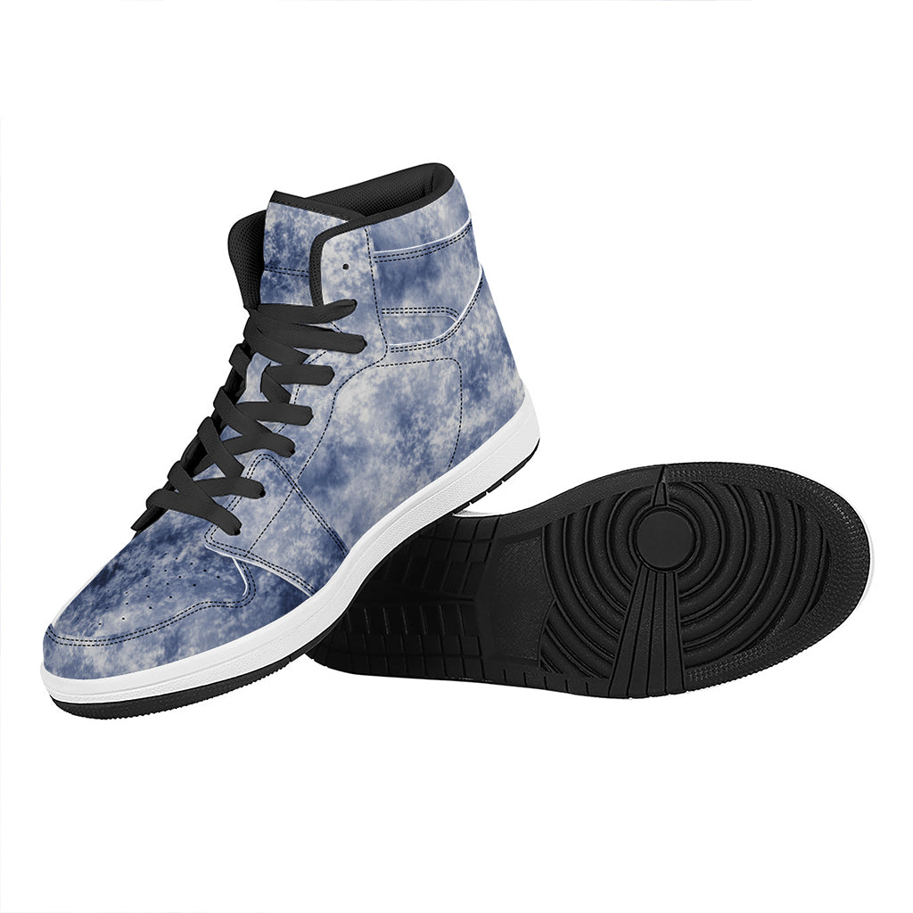 White And Blue Acid Wash Tie Dye Print High Top Leather Sneakers