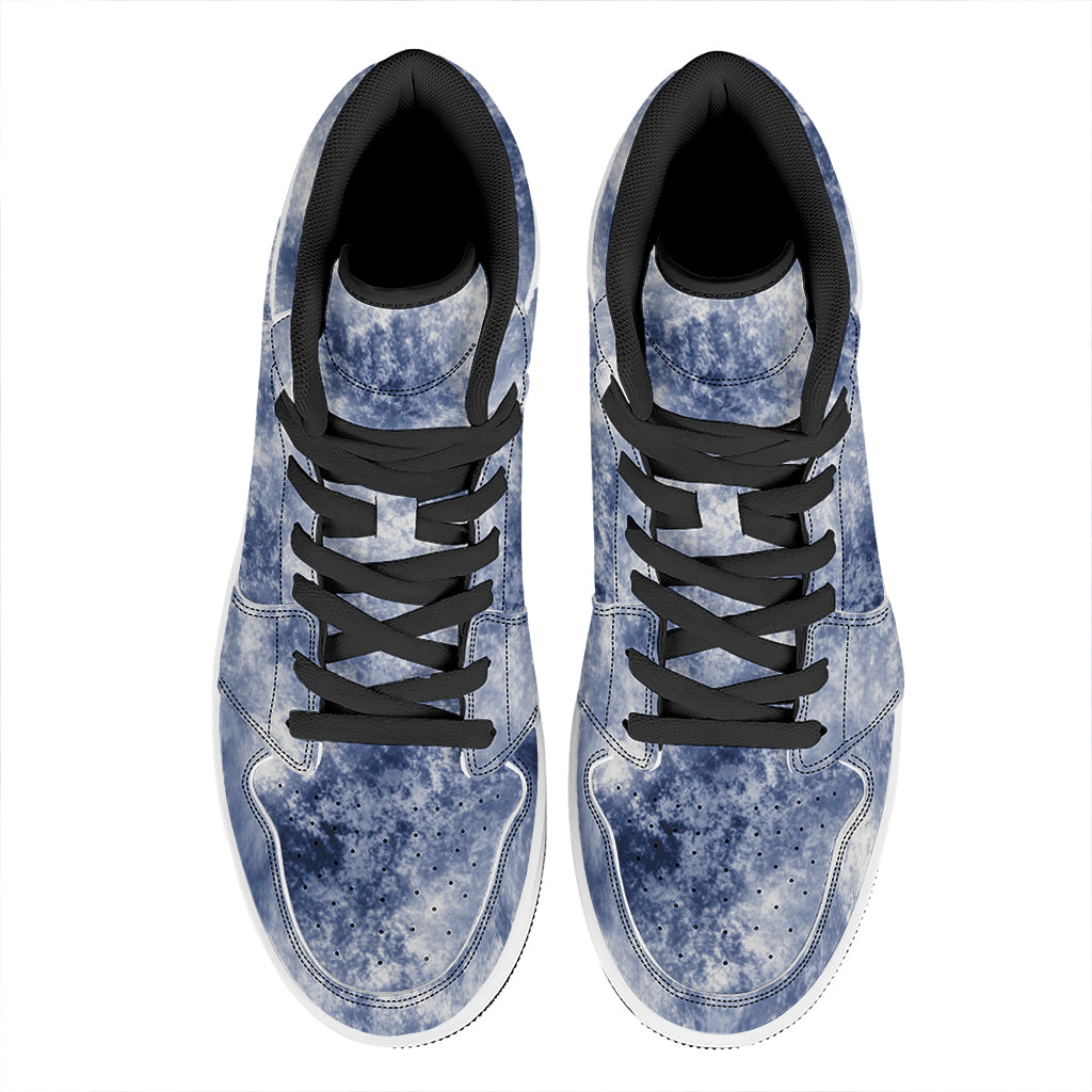 White And Blue Acid Wash Tie Dye Print High Top Leather Sneakers