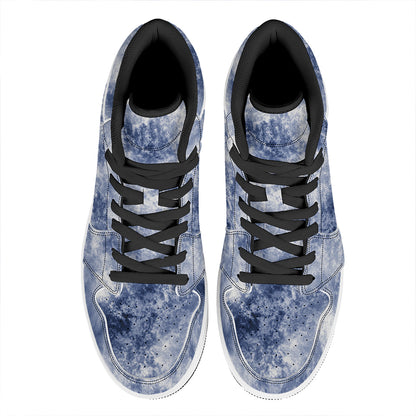 White And Blue Acid Wash Tie Dye Print High Top Leather Sneakers