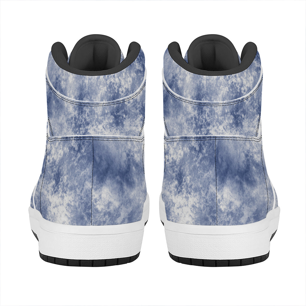 White And Blue Acid Wash Tie Dye Print High Top Leather Sneakers