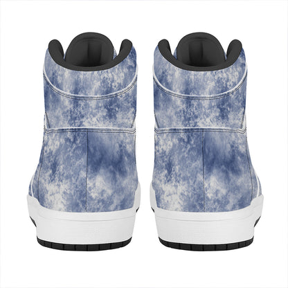 White And Blue Acid Wash Tie Dye Print High Top Leather Sneakers
