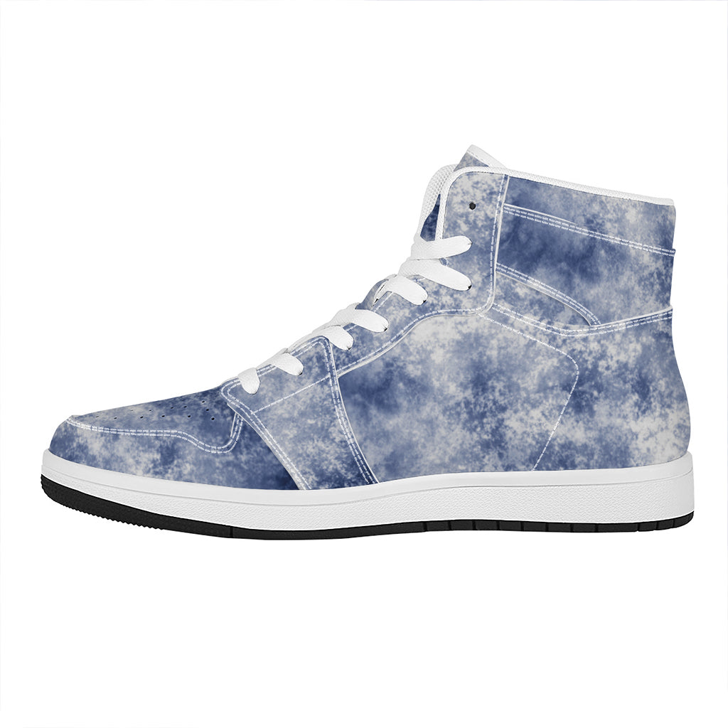 White And Blue Acid Wash Tie Dye Print High Top Leather Sneakers