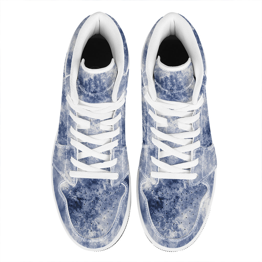White And Blue Acid Wash Tie Dye Print High Top Leather Sneakers