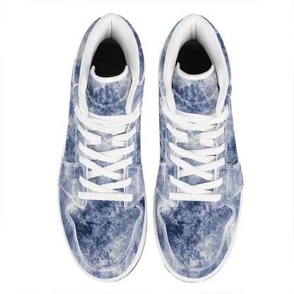 White And Blue Acid Wash Tie Dye Print High Top Leather Sneakers