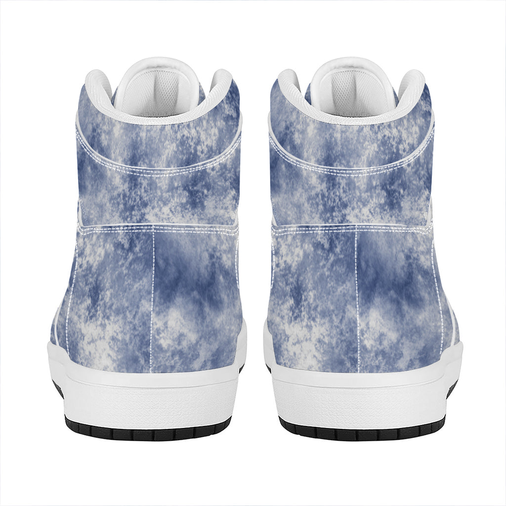 White And Blue Acid Wash Tie Dye Print High Top Leather Sneakers
